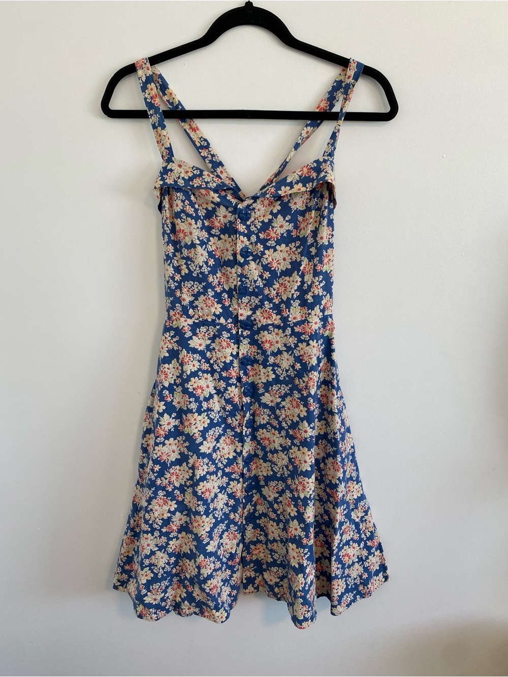 Ralph Lauren Double RL Blue Floral Mini Dress with Cream & Pink Blooms - Sleevel